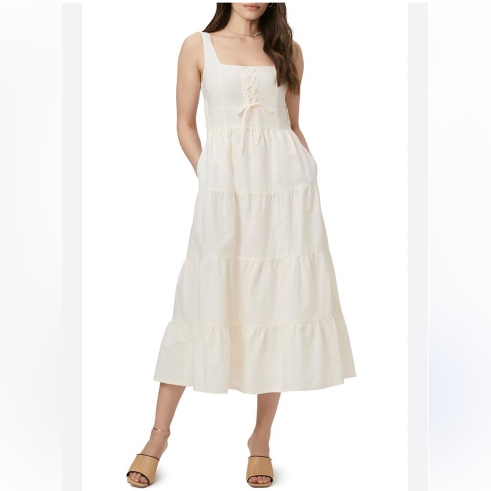 PAIGE OPHELLA Marble Linen Blend Tiered Maxi Dress Cream Square Neck Lace Up - 4
